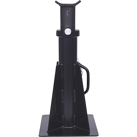 Schwarze, stabile Wagenheberstütze. Ein breiter Fuß trägt die pyramidenförmige Basis, von der eine Säule emporragt. Der obere Teil dient zur Aufnahme.